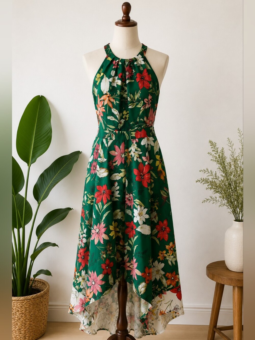 Vince Camuto Green Floral High-Low Halter Dress | Size 2